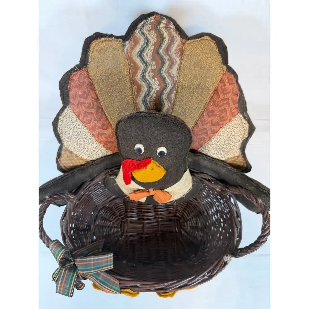Vintage Handmade Turkey Basket Thanksgiving Decor Primitive Turkey Wicker Basket